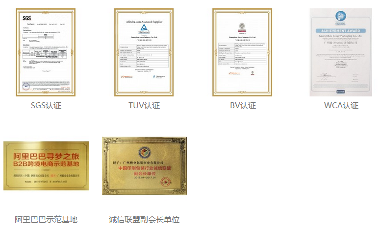 駿業包裝獲得的資質證書